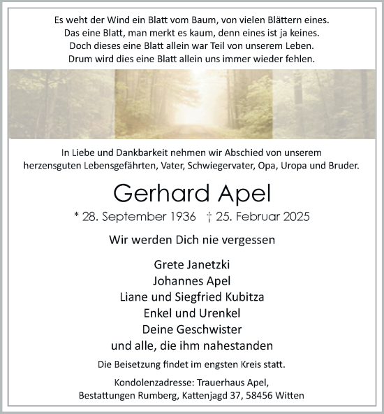 Traueranzeige von Gerhard Apel von Tageszeitung