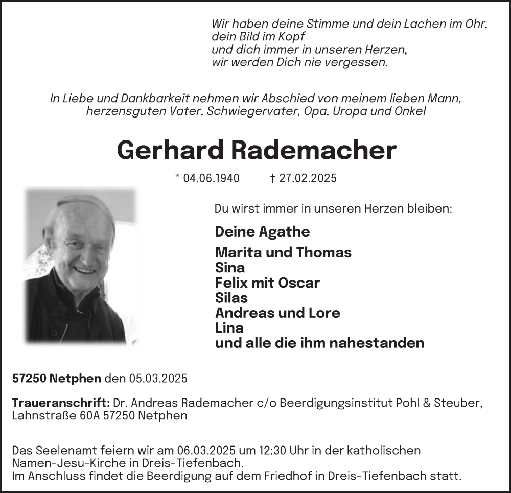  Traueranzeige für Gerhard Rademacher vom 05.03.2025 aus Tageszeitung