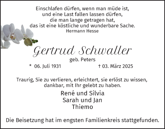 Traueranzeige von Gertrud Schwaller von Tageszeitung