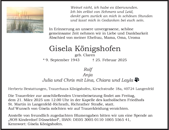 Traueranzeige von Gisela Königshofen von Tageszeitung