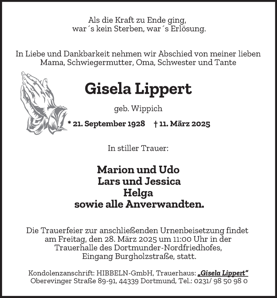  Traueranzeige für Gisela Lippert vom 22.03.2025 aus Tageszeitung