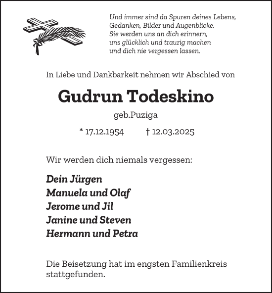 Traueranzeige von Gudrun Todeskino von Tageszeitung