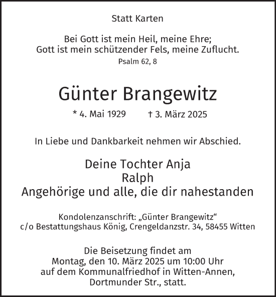 Traueranzeige von Günter Brangewitz von Tageszeitung
