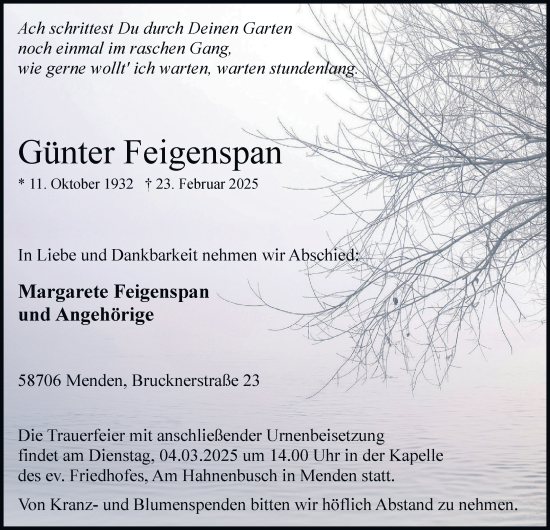 Traueranzeige von Günter Feigenspan von Tageszeitung