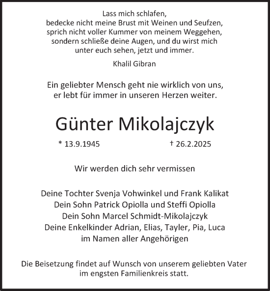 Traueranzeige von Günter Mikolajczyk von Tageszeitung