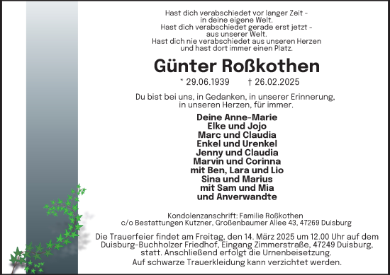 Traueranzeige von Günter Roßkothen von Tageszeitung