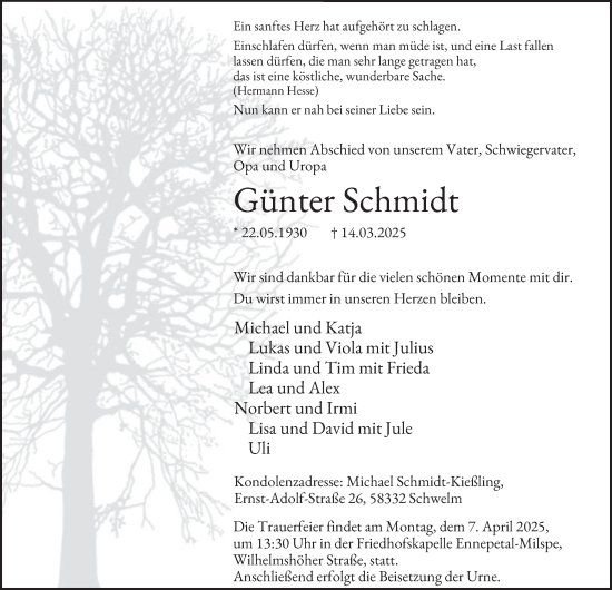 Traueranzeige von Günter Schmidt von Tageszeitung