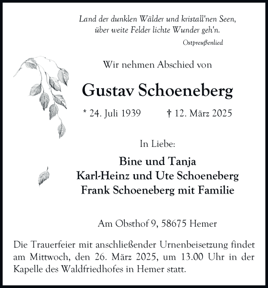 Traueranzeige von Gustav Schoeneberg von Tageszeitung