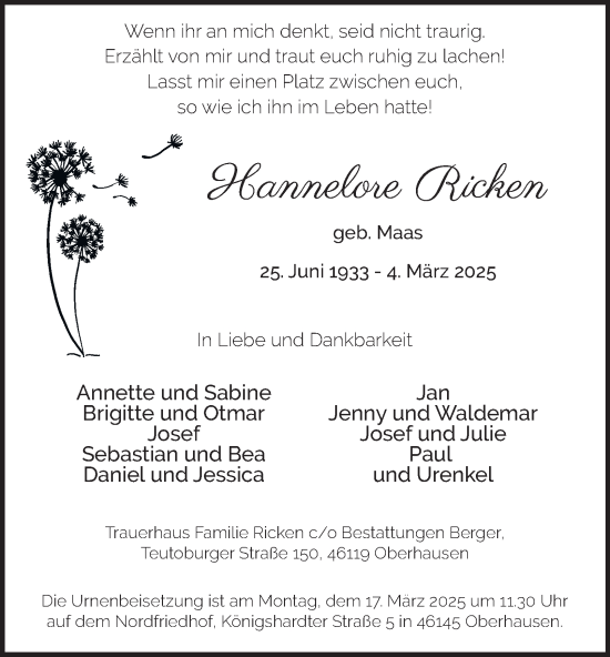 Traueranzeige von Hannelore Ricken von Tageszeitung