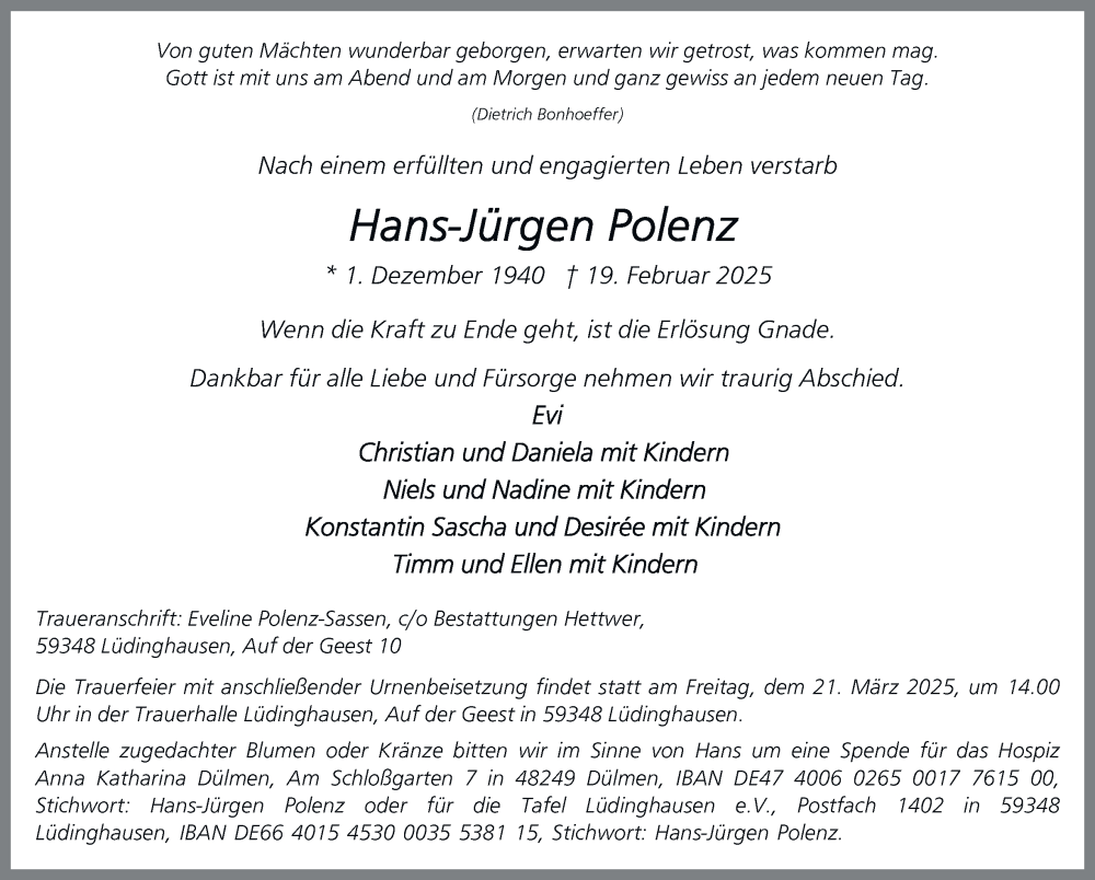  Traueranzeige für Hans-Jürgen Polenz vom 08.03.2025 aus Tageszeitung