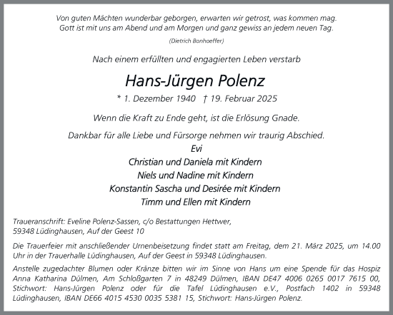 Traueranzeige von Hans-Jürgen Polenz von Tageszeitung