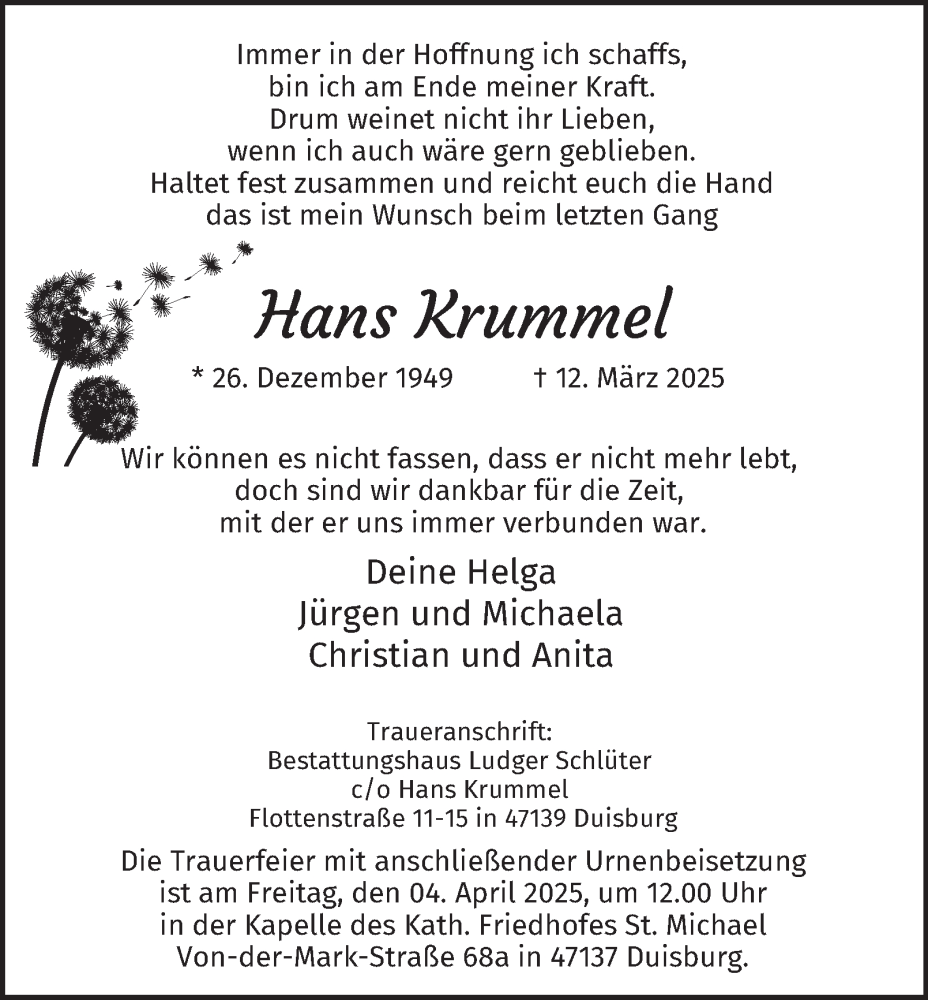  Traueranzeige für Hans Krummel vom 29.03.2025 aus Tageszeitung
