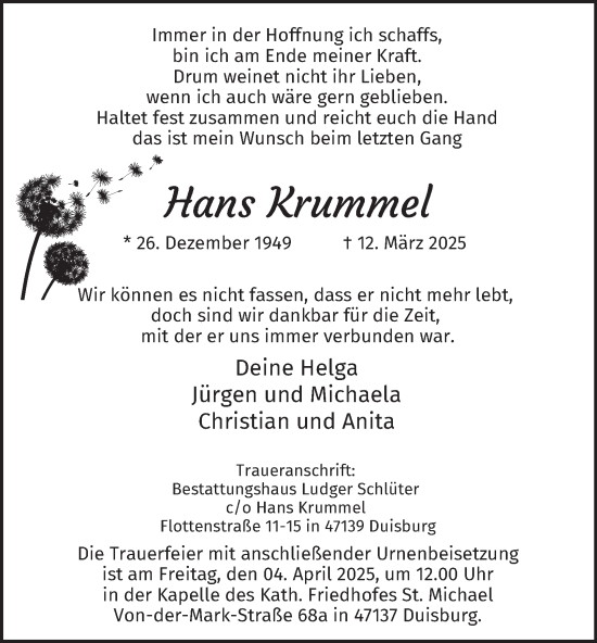 Traueranzeige von Hans Krummel von Tageszeitung