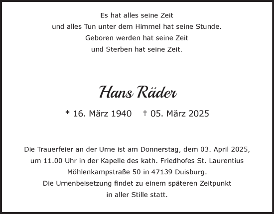 Traueranzeige von Hans Räder von Tageszeitung