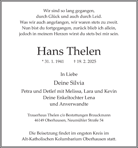 Traueranzeige von Hans Thelen von Tageszeitung