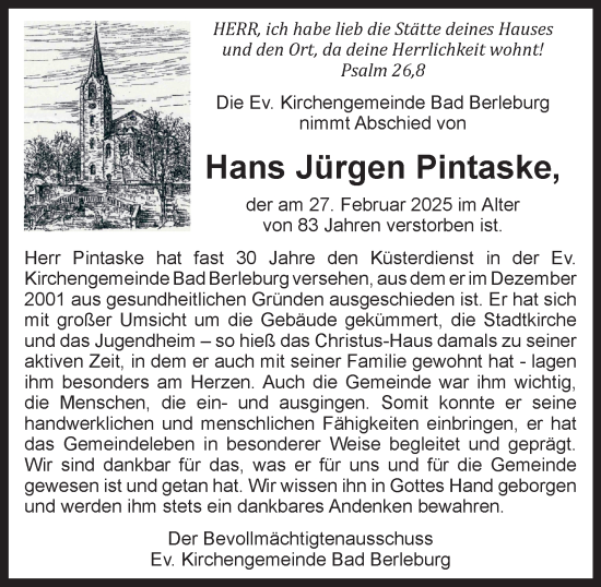 Traueranzeige von Hans Jürgen Pintaske von Tageszeitung