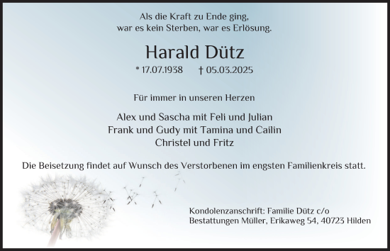 Traueranzeige von Harald Dütz von Tageszeitung