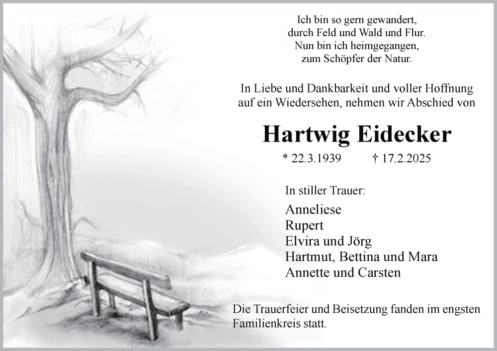  Traueranzeige für Hartwig Eidecker vom 08.03.2025 aus Tageszeitung