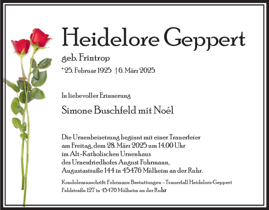 Traueranzeige von Heidelore Geppert von Tageszeitung