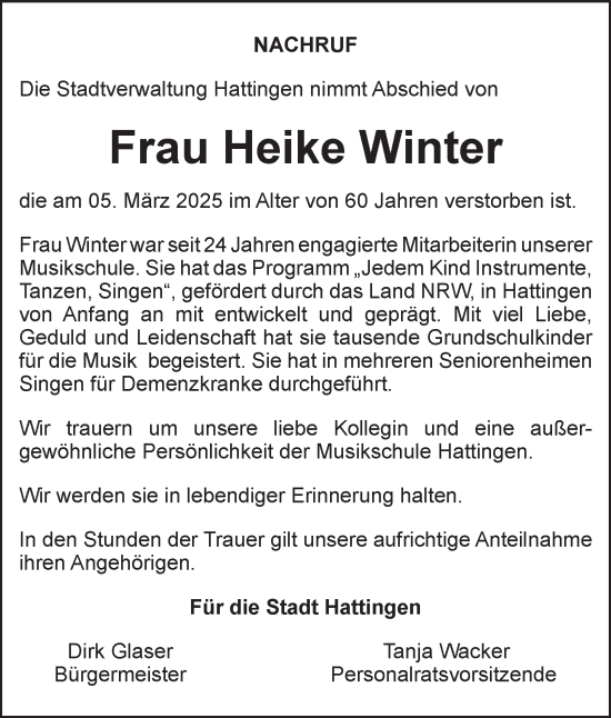 Traueranzeige von Heike Winter von Tageszeitung