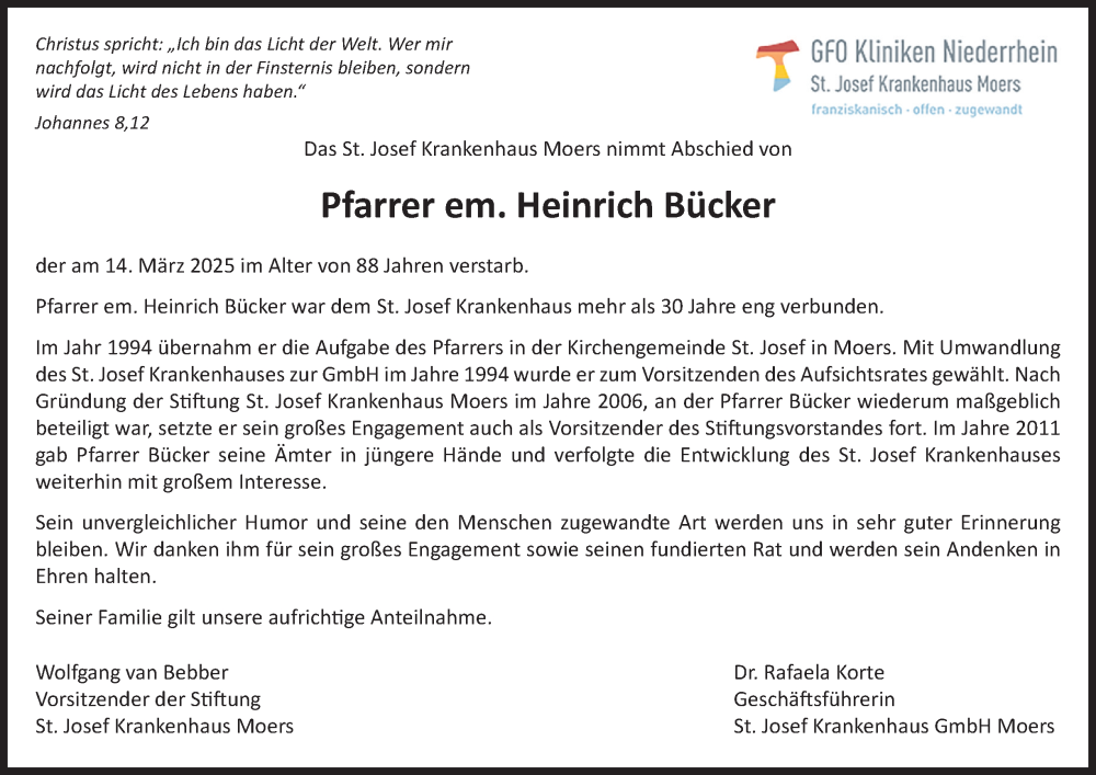  Traueranzeige für Heinrich Bücker vom 29.03.2025 aus Tageszeitung