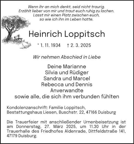 Traueranzeige von Heinrich Loppitsch von Tageszeitung