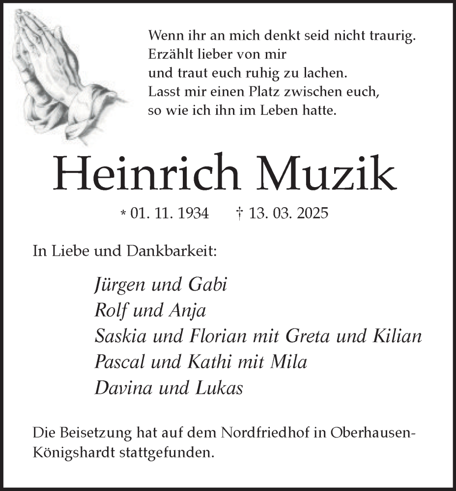  Traueranzeige für Heinrich Muzik vom 22.03.2025 aus Tageszeitung