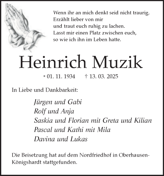 Traueranzeige von Heinrich Muzik von Tageszeitung