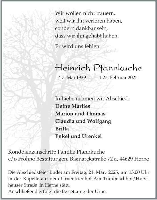 Traueranzeige von Heinrich Pfannkuche von Tageszeitung