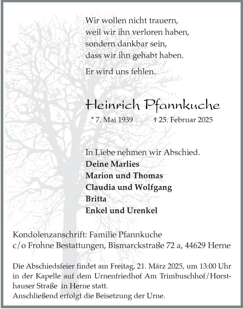  Traueranzeige für Heinrich Pfannkuche vom 15.03.2025 aus Tageszeitung