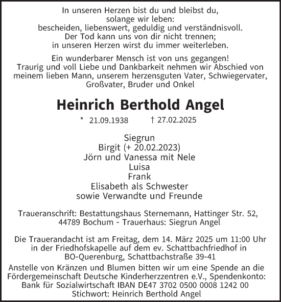Traueranzeige von Heinrich Berthold Angel von Tageszeitung
