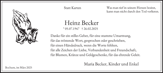 Traueranzeige von Heinz Becker von Tageszeitung
