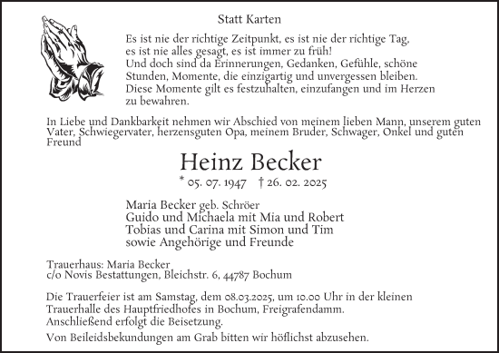 Traueranzeige von Heinz Becker von Tageszeitung