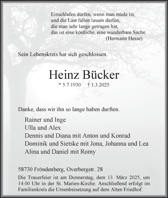 Traueranzeige von Heinz Bücker von Tageszeitung