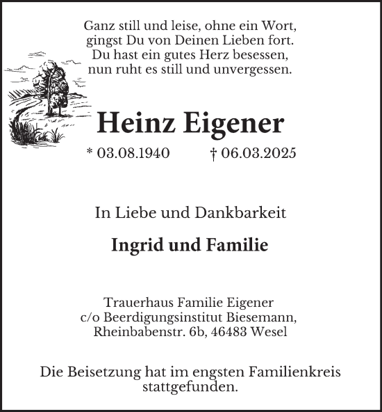 Traueranzeige von Heinz Eigener von Tageszeitung