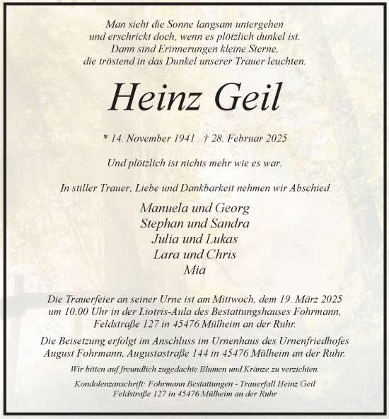 Traueranzeige von Heinz Geil von Tageszeitung