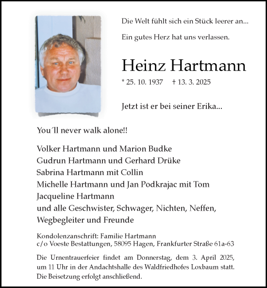 Traueranzeige von Heinz Hartmann von Tageszeitung