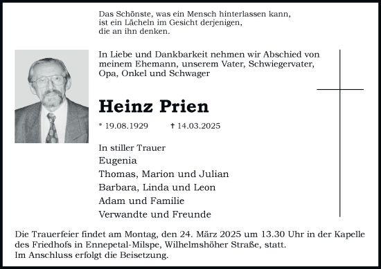 Traueranzeige von Heinz Prien von Tageszeitung