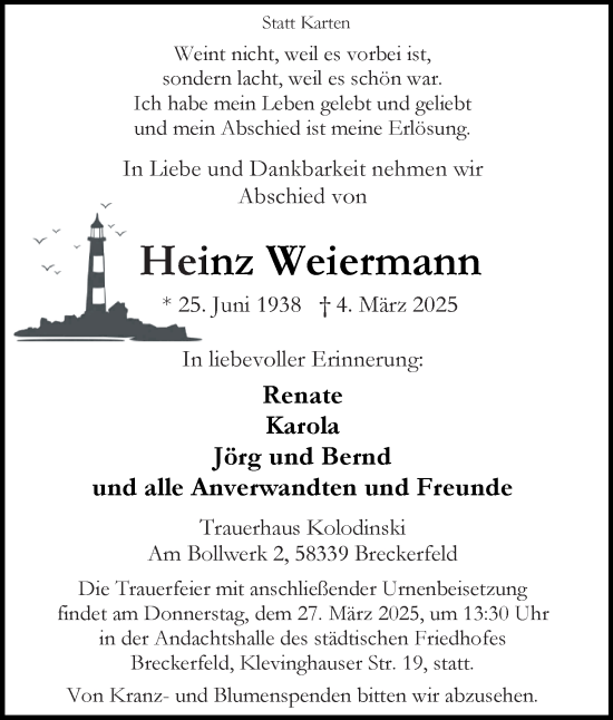 Traueranzeige von Heinz Weiermann von Tageszeitung