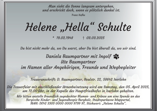 Traueranzeige von Helene Schulte von Tageszeitung