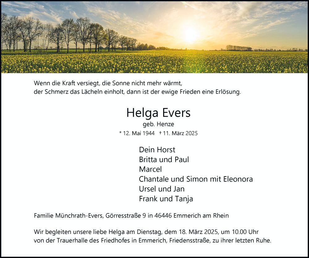  Traueranzeige für Helga Evers vom 15.03.2025 aus Tageszeitung