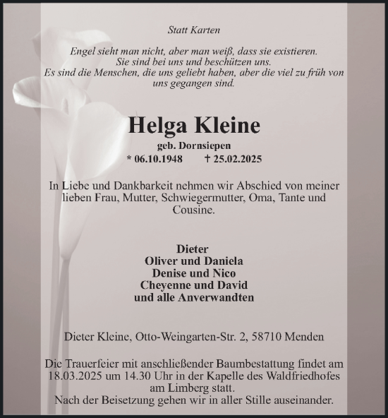 Traueranzeige von Helga Kleine von Tageszeitung