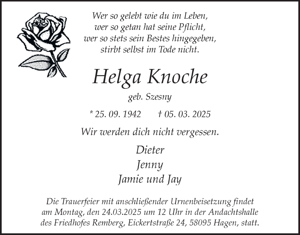  Traueranzeige für Helga Knoche vom 21.03.2025 aus Tageszeitung