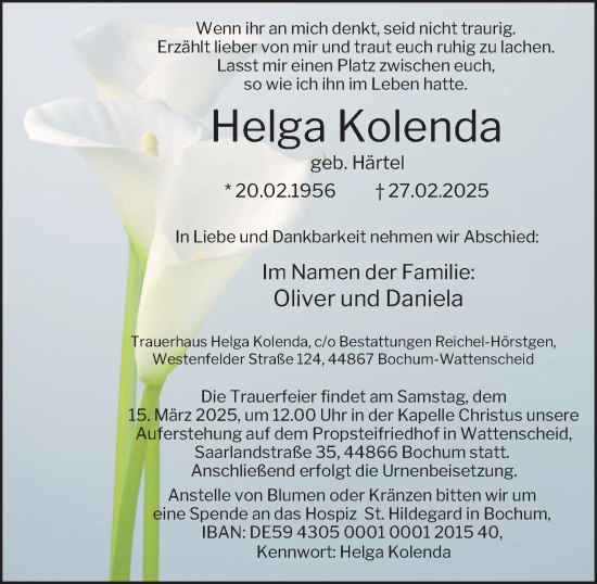 Traueranzeige von Helga Kolenda von Tageszeitung