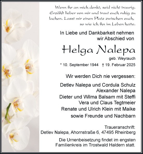 Traueranzeige von Helga Nalepa von Tageszeitung