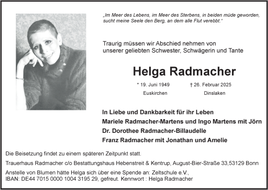 Traueranzeige von Helga Radmacher von Tageszeitung