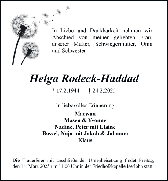 Traueranzeige von Helga Rodeck-Haddad von Tageszeitung