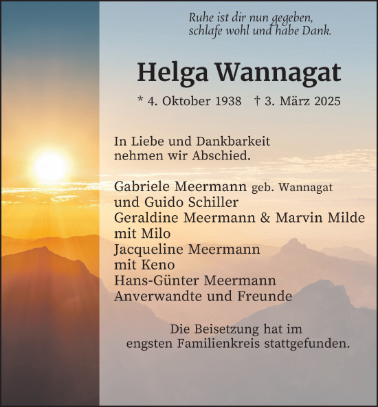 Traueranzeige von Helga Wannagat von Tageszeitung