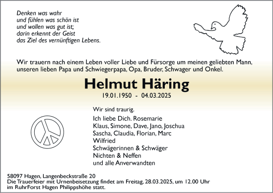 Traueranzeige von Helmut Häring von Tageszeitung