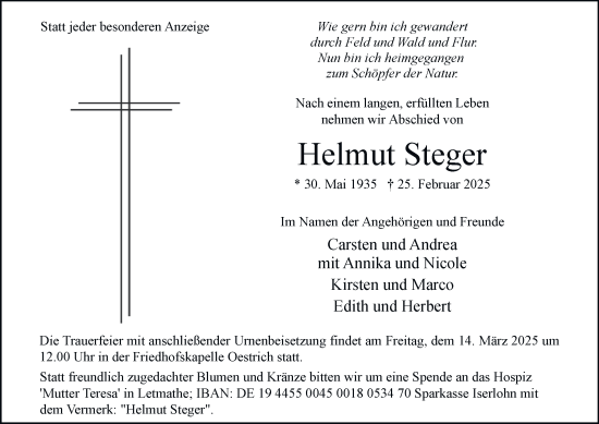 Traueranzeige von Helmut Steger von Tageszeitung
